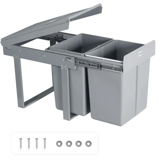 LVJ Amélioré 40L Poubelle Encastrable Sous évier- Séparation Des Déchets - 2 Compartiments Extensibles - 2 x 20 l - Dimensions: 47.8 x 34.8 x 41.7 cm (L x l x H) - Gris
