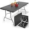 Table de Buffet Pliable 182 x 74 x 74 cm en Aspect rotin Résistant aux intempéries - Table Pliante pour Jardin terrasse et Balcon - 8 Personnes - Table de Camping avec poignée