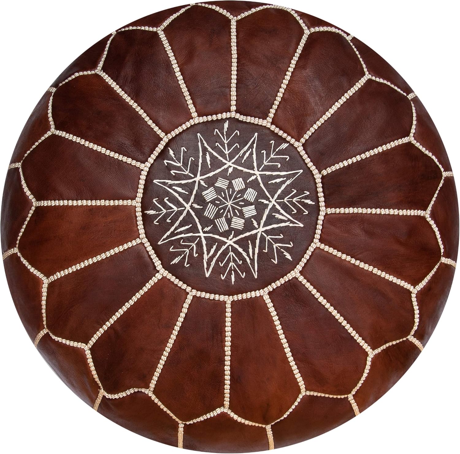 Pouf Artisanal Marocain en Cuir Véritable Fait Main - Vendu Rembourré - Repose-Pied, Coussin de Sol, Ottoman (Miel Cognac)