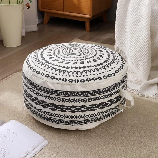 Housse de Pouf Ronde Non rembourrée Style bohème géométrique coloré avec poignée, Repose-Pieds de décoration pour Salon, Chambre à Coucher, Patio (Noir, 45 x 45 x 20 cm)