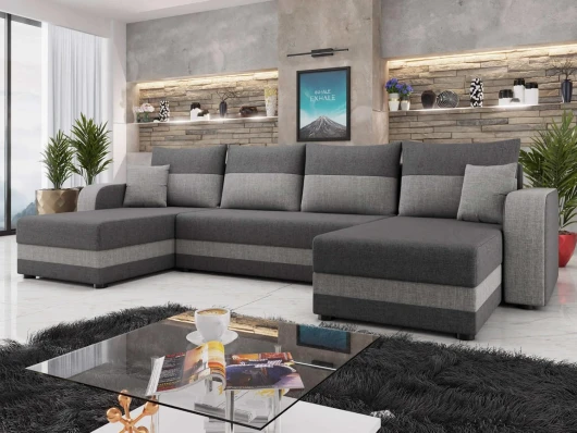 Best Mobilier - Canapé Panoramique en U Convertible avec Coffre Harvey en Tissu - Canapé Lit - Grand Sofa XXL Gris 7 Places - Salon