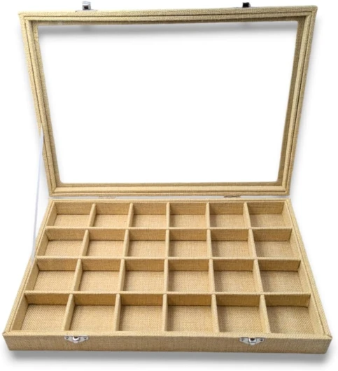 Coffret de Rangement 24 Pierres – Boîte de Gemmologie Élégante en Toile de Jute avec Couvercle en Verre – Organisateur Minéraux & Cristaux – 35 x 24 x 5 cm