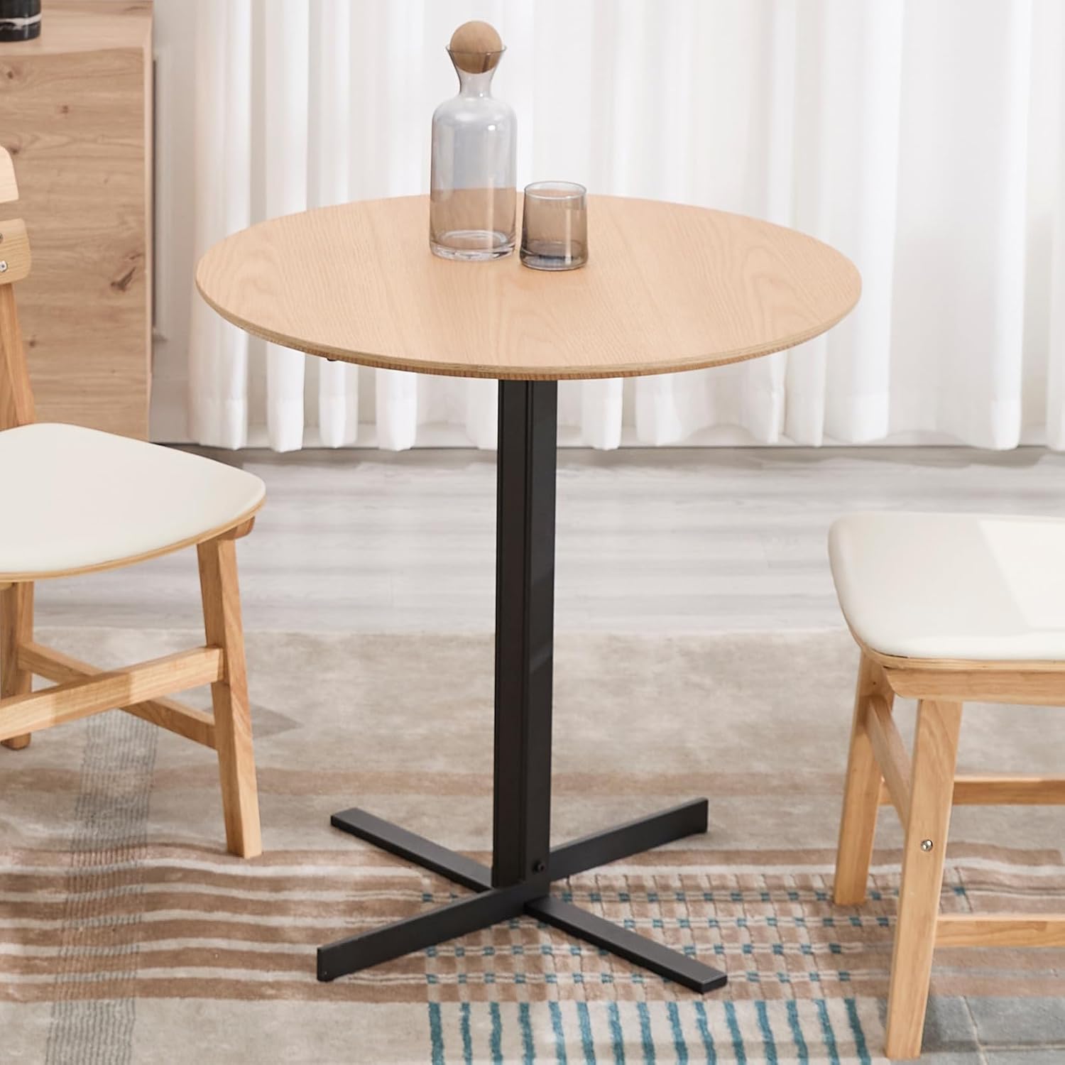 Table Ronde avec Base en Métal, Table Basse en Bois pour Salon, Salle à Manger, Chambre, Beige