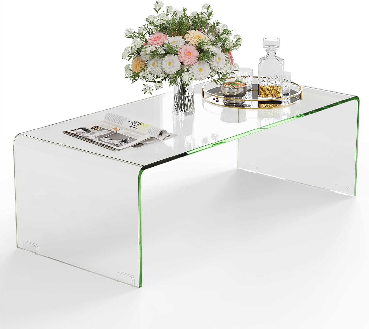 Table Basse/ d’Appoint en Verre Trempé Rectangulaire Forme de U avec Bords Arrondis Lisses, Table Basse Transparente Simple & Moderne pour Salon, Bureau, Hôtel