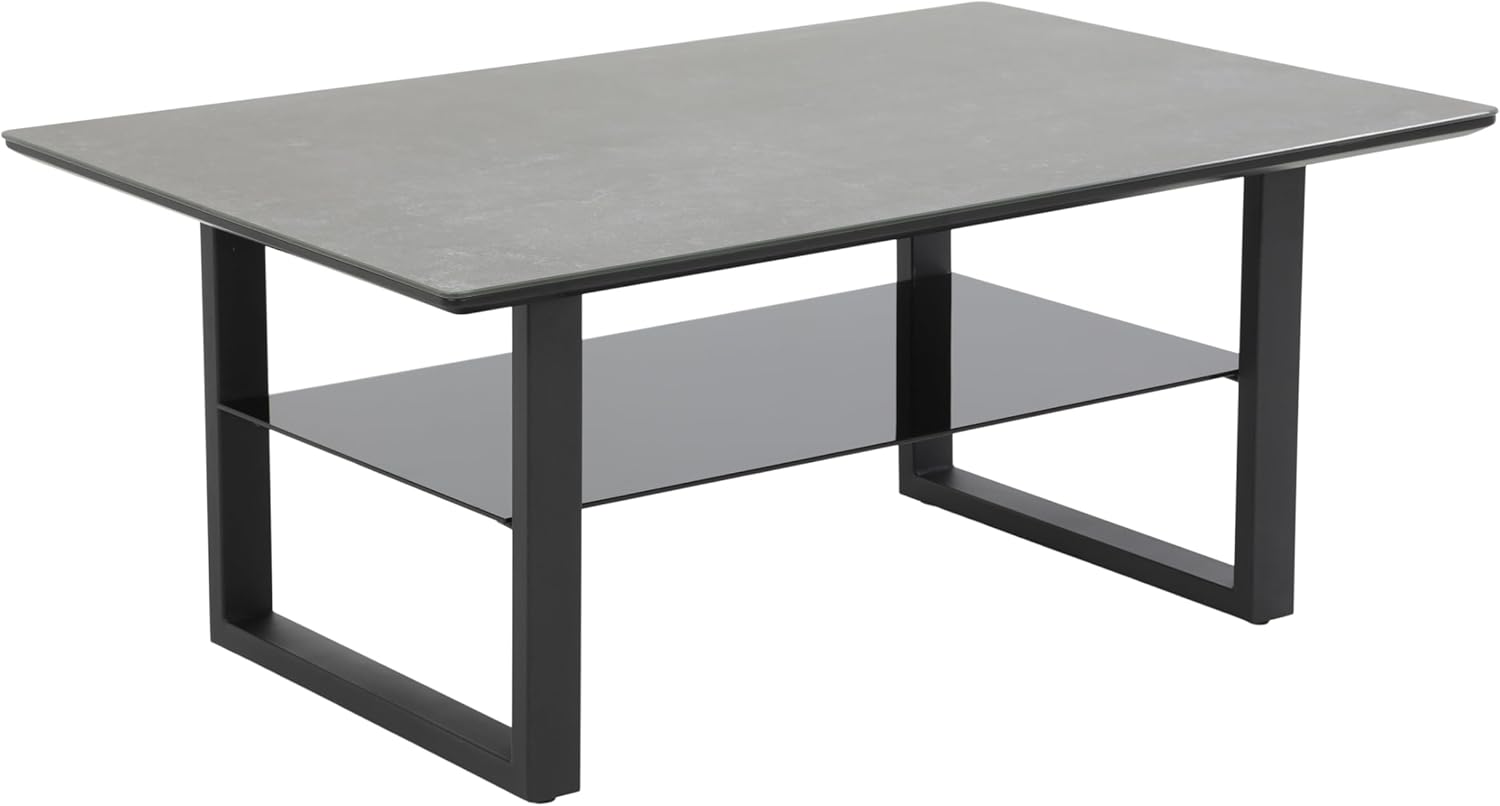 , Table Basse Arne, avec Plateau en Verre de 8 mm, Aspect céramique, Structure en Forme de Patin, 105 x 70 cm