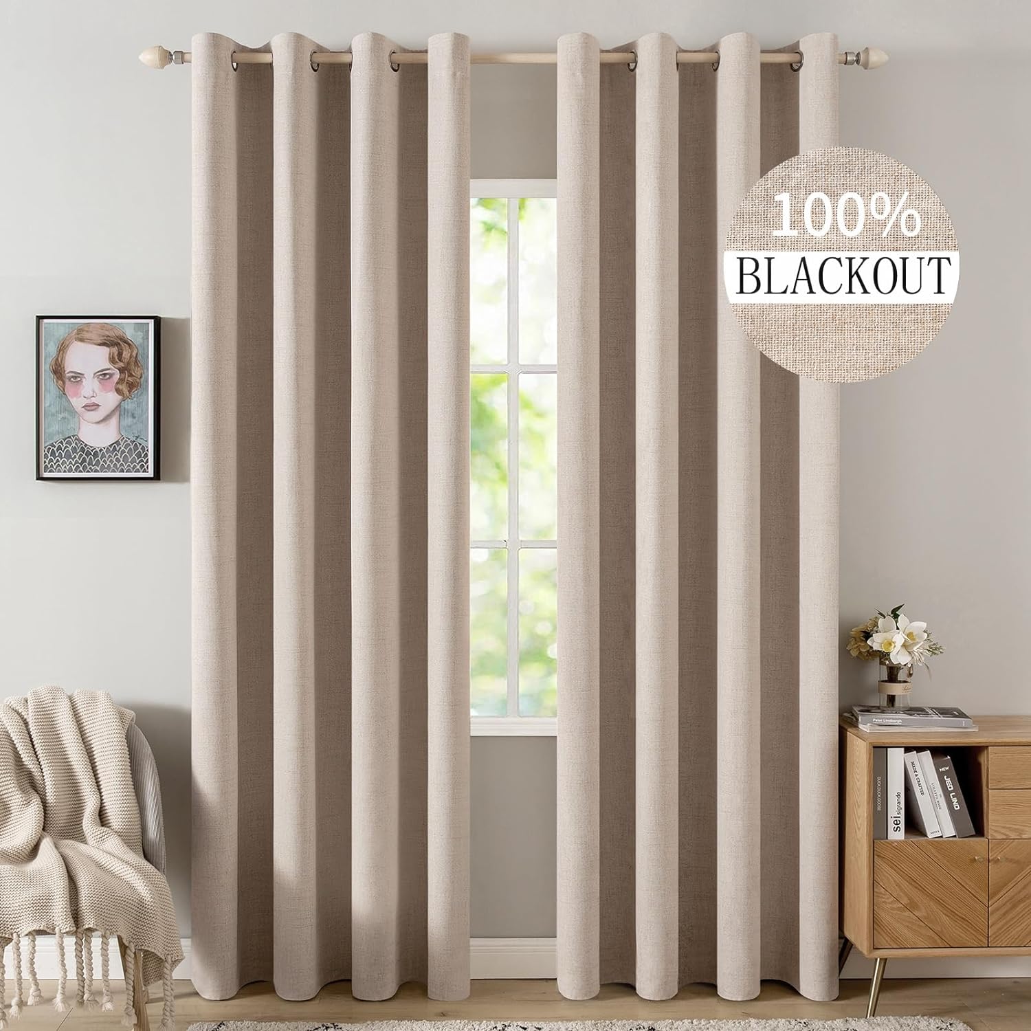 Rideaux Opaques Rideaux isolants Thermiques avec Oeillets Rideau en Lin 100% Opaques Rideau occultants de Protection Contre Le Froid pour Le Salon Lot de 2, 140 x 225 cm Beige