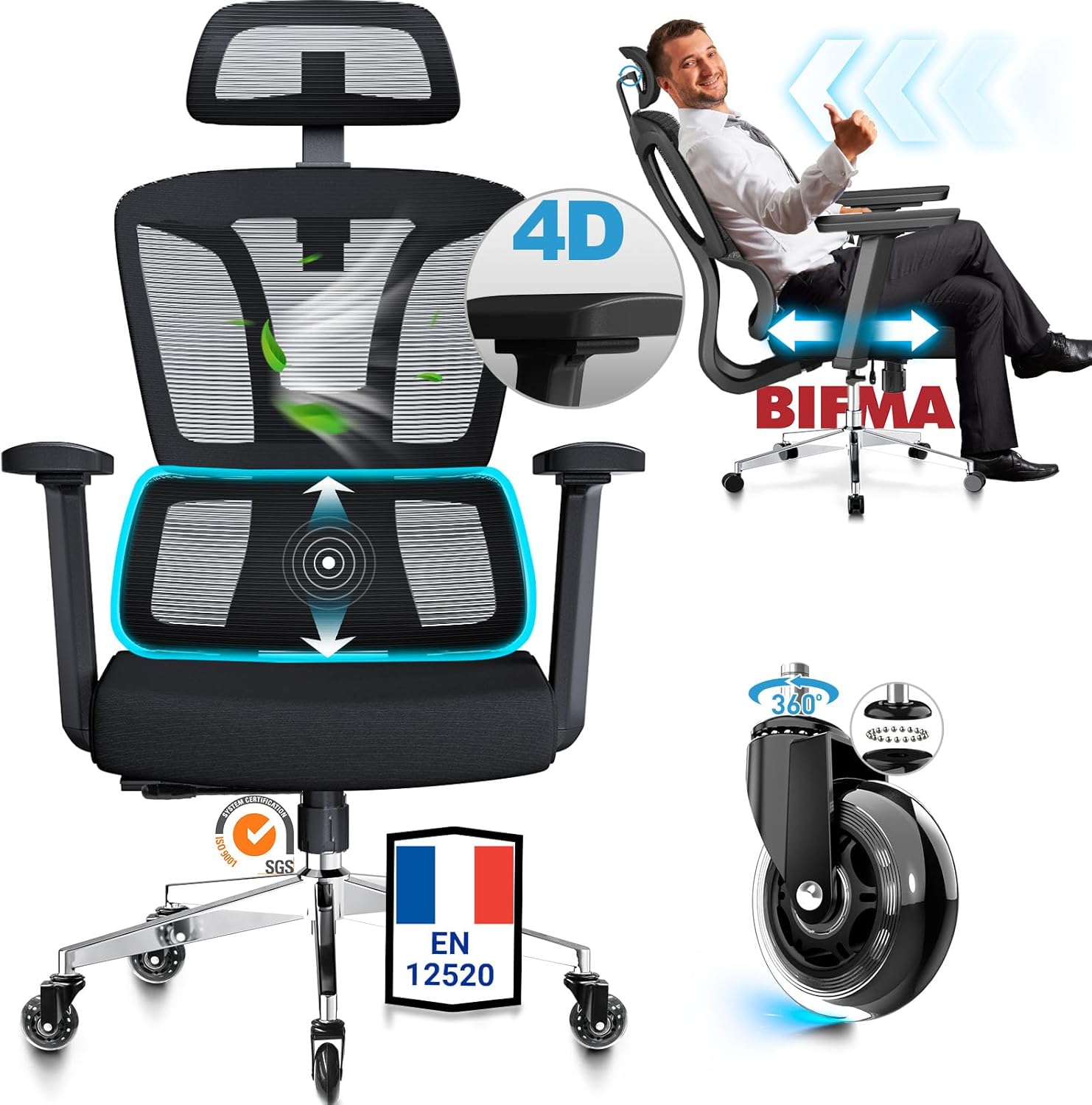 Chaise de Bureau 200KG, avec Accoudoirs 4D, Siège Réglable en Profondeur, roulettes en Caoutchouc, Dossier Haut, Inclinable 4 Positions, Fauteuil de Bureau Ergonomique Certifié en 12520