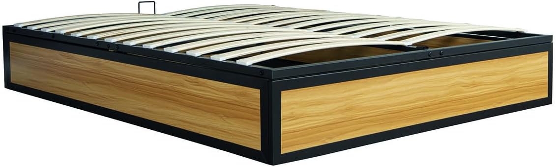 CONCEPT USINE - Lit Coffre Industriel Jersey Bois et Métal - 160 x 200 cm - Grand Coffre de Rangement très Pratique Intégré - Gain de Place - 24 Lattes en Peuplier - Cadre de Lit Design Tendance