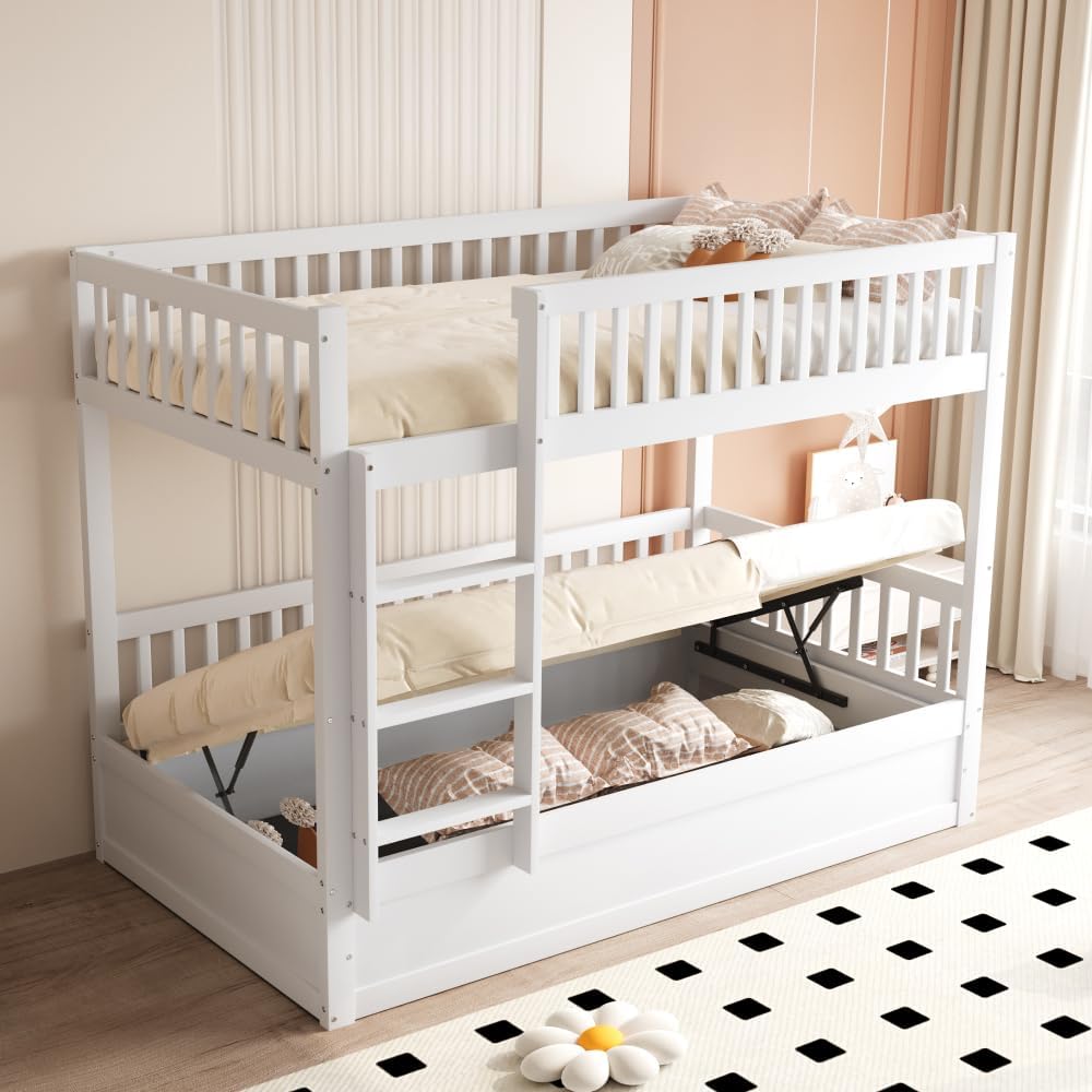Seyakany Lit superposé Enfant en Bois Massif,lit Coffre 90x200cm avec système de Rangement hydraulique,Cadre de lit Enfant 90x200 avec sommier à Lattes (Blanc)