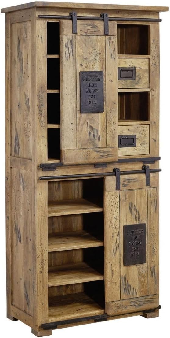 Armoire Industrielle - Fer et Bois Massif de manguier laqué (Bois Naturel) - Railway #117