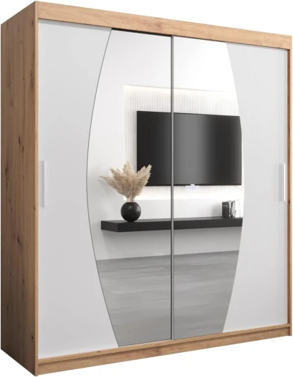 Armoire Elypse avec Porte Coulissante et Miroir - Dressing pour Chambre Adulte - Penderie Vêtement - Garde Robe - Placard - Closet 180 cm Chêne Artisan + Blanc Mat 1