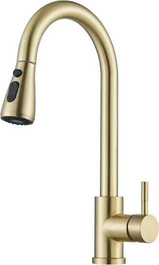 HARNART Robinet Cuisine,Mitigeur Cuisine,Pivotant à 360° d'Évier à Arc Élevé Pulvérisateur Escamotable 2 Modes,Mitigeur Robinet Evier de avec 2 Douchette Modes,Or Brossé