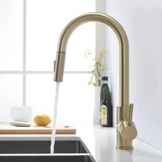 Robinet de cuisine doré brossé avec douchette extensible - Robinet de cuisine pivotant à 360° - Mitigeur monocommande pour évier de cuisine