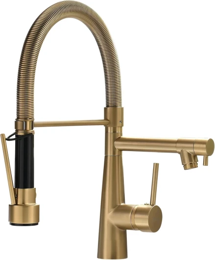 Robinet de cuisine, douchette extensible avec blocage, pivotant à 360°, jet rétractable, haute pression, doré brossé