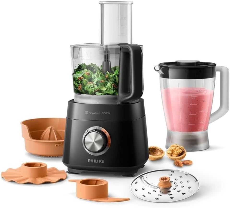 Robot Multifonction Compact - 800W, 29 Fonctions, Bol de 2.1L, Ultra Puissant, Lame en Acier Inoxydable (HR7510/10) - Noir