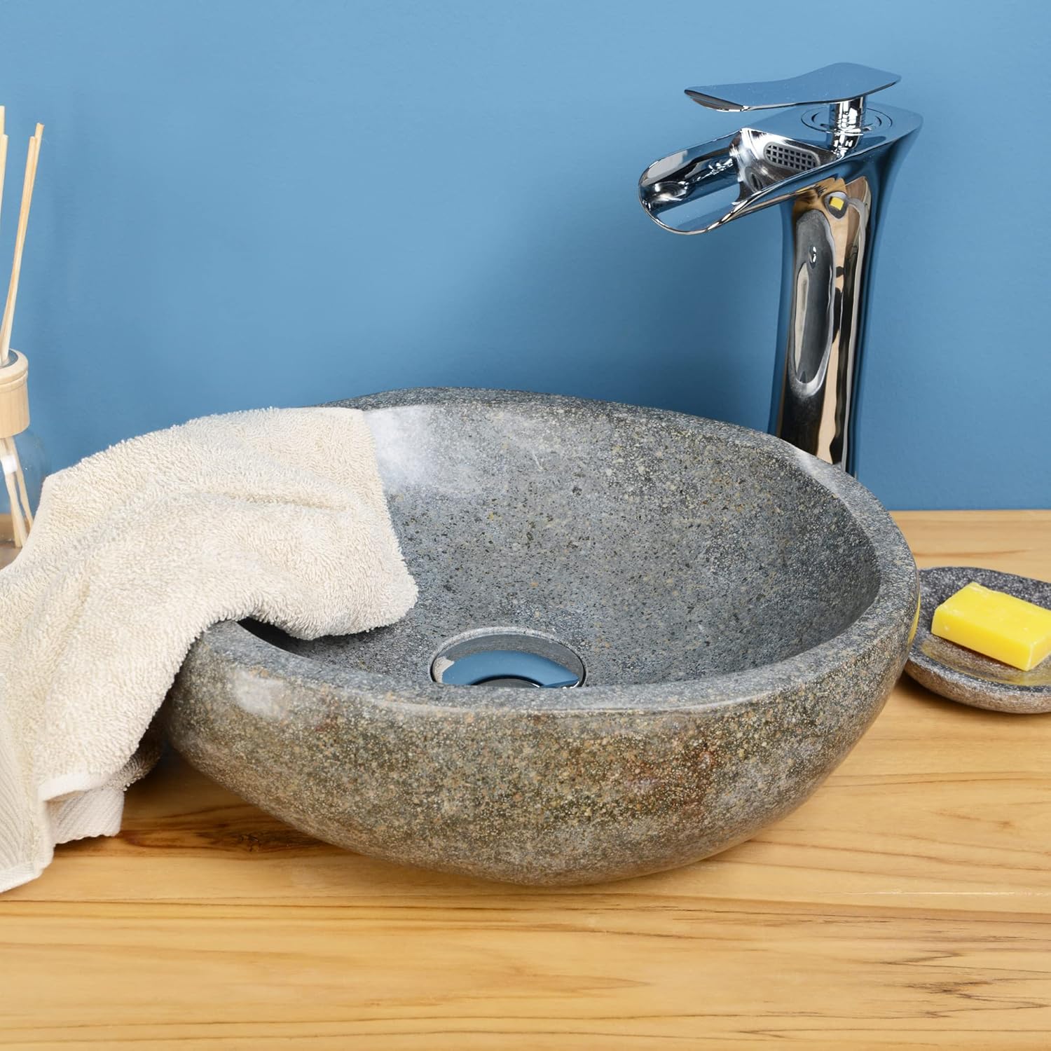 Wohnfreuden Lavabo en pierre naturelle ovale Gris 30 cm – Pièce unique pour salle de bain en pierre de rivière Choix de la Pièce Unique Wohnfreuden