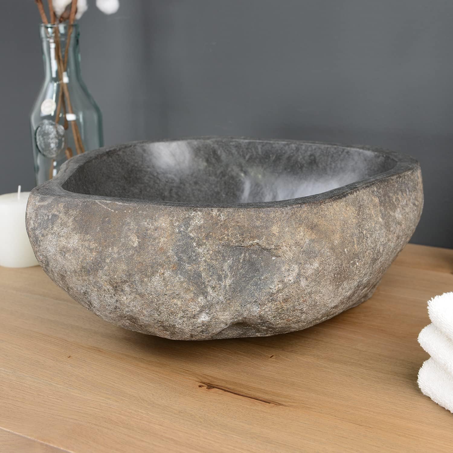 Lavabo en pierre naturelle de 40 cm, rond, gris, en pierre de rivière, ovale, rond, carré WOHNFREUDEN Choix de la Pièce Unique Wohnfreuden