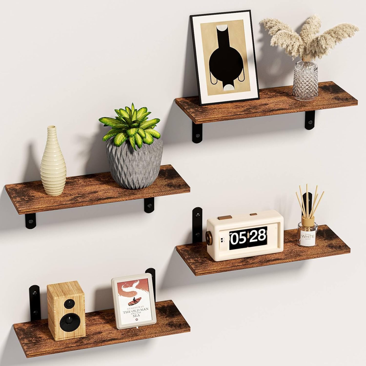 Étagère Murale Bois, 4 Pièces Etagere Murale Cuisine, Etagere Flottante Murale Décoration pour Salon, Chambre (Marron et Noir)