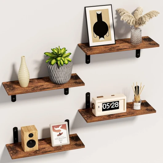 Étagère Murale Bois, 4 Pièces Etagere Murale Cuisine, Etagere Flottante Murale Décoration pour Salon, Chambre (Marron et Noir)