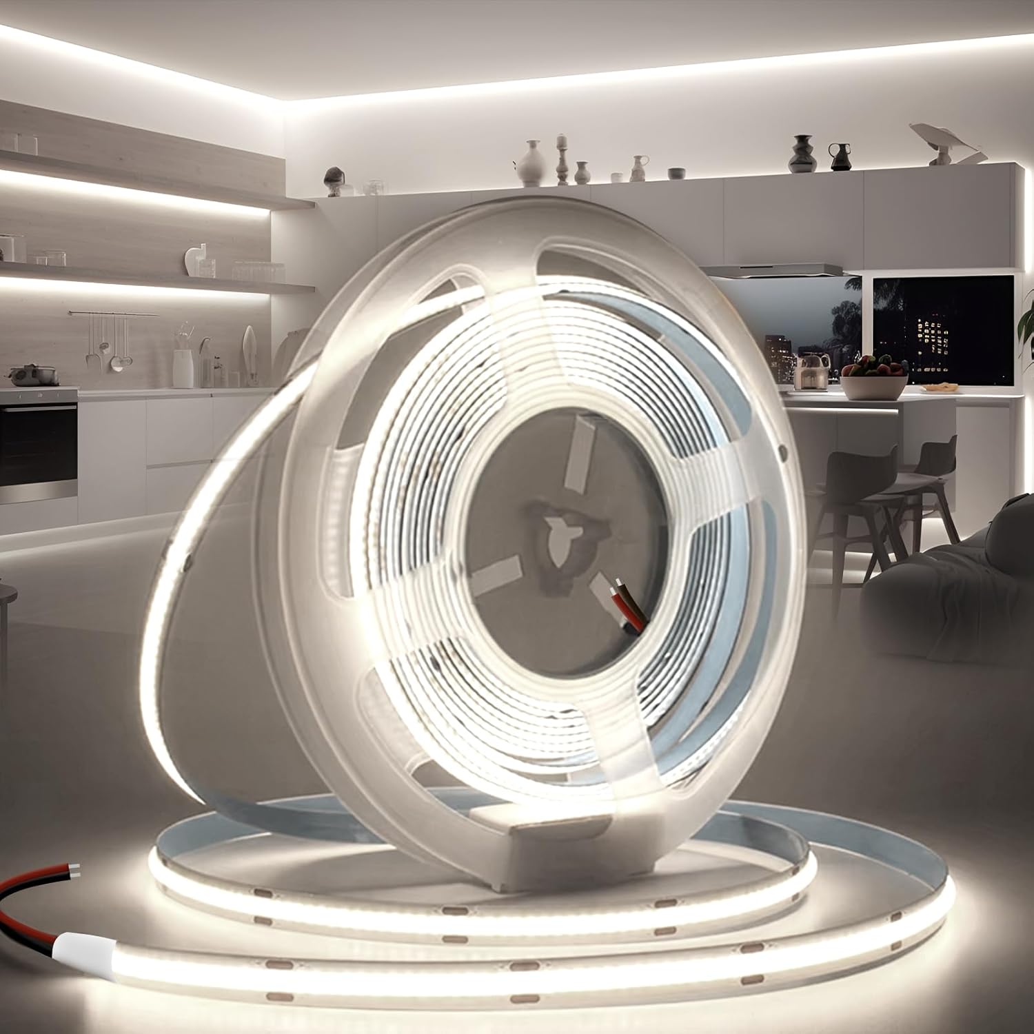 12V COB Ruban LED Autocollant 5M Bande LED COB Blanc Froid 6000K 320LED/M Découpable Flexible, Largeur 8mm, CRI>90, Eclairage Intérieur pour Maison Chambre Cuisine Miroir (Sans Alimentation)