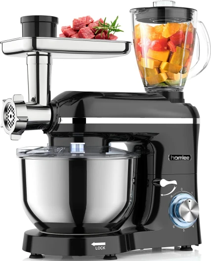3 en 1 Robot Pâtissier,1800W Robot Cuisine Multifonctions,avec Hachoir à viande,1,5 L Extracteur de jus,Kit pour Saucisses,3 Plaques de Broyage,5.5L Bol d'Acier Inoxydable (Noir)