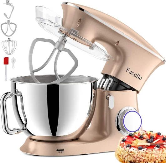Facelle Robot Pâtissier Multifonctions de Cuisine 1500W 8.5L, Puissant, Métalique, Mixeur Batteur sur Scole, avec Batteur, Fouet, Crochet Pétrin, 6 Vitesses,Robot Patisserie Multifonction