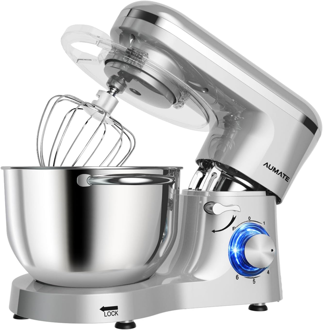 Aumate Robot Pâtissier, Robot de Cuisine Professionnel 1400 W 6,2 L, Robot Pétrin avec Fouet, Batteur et Crochet Pétrisseur, 6+P Vitesses (Argent)