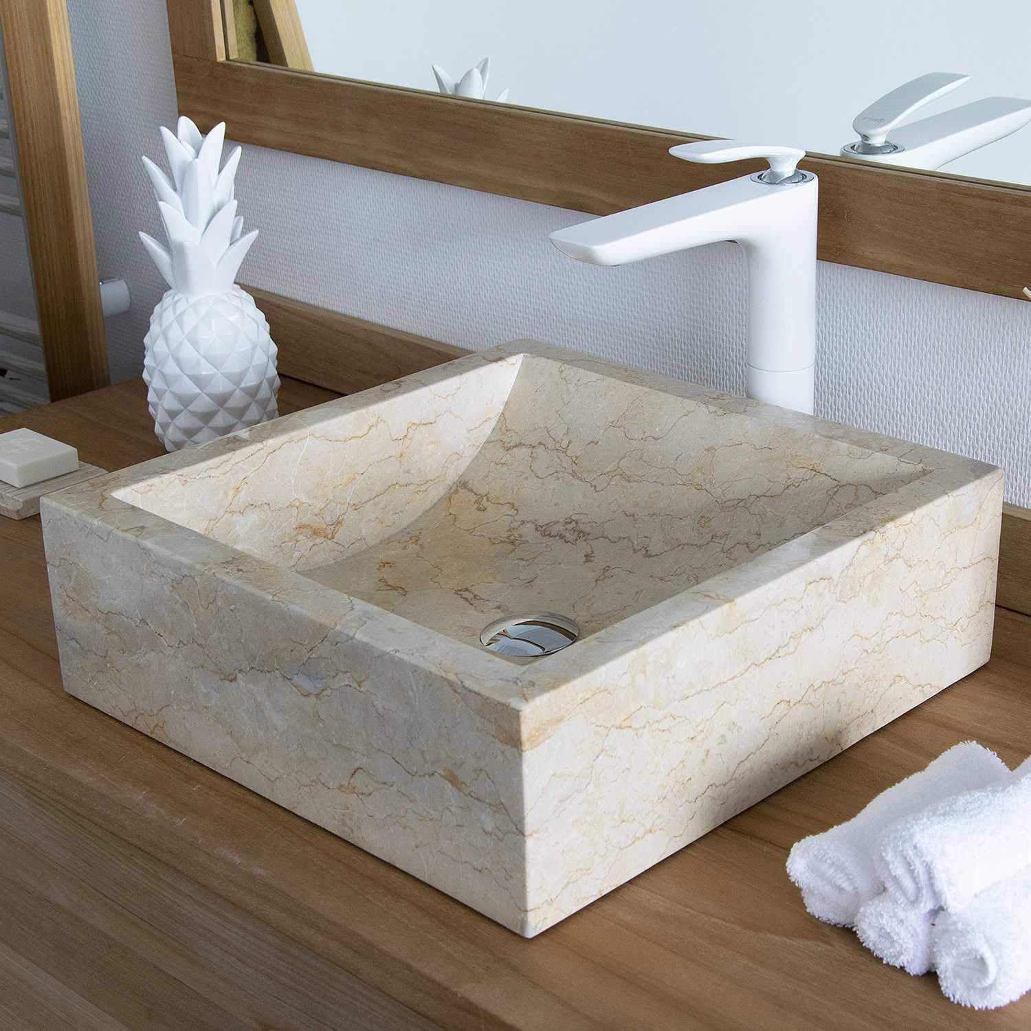 Océan Line Vasque à Poser en marbre crème, Kiara 40×40×15 cm