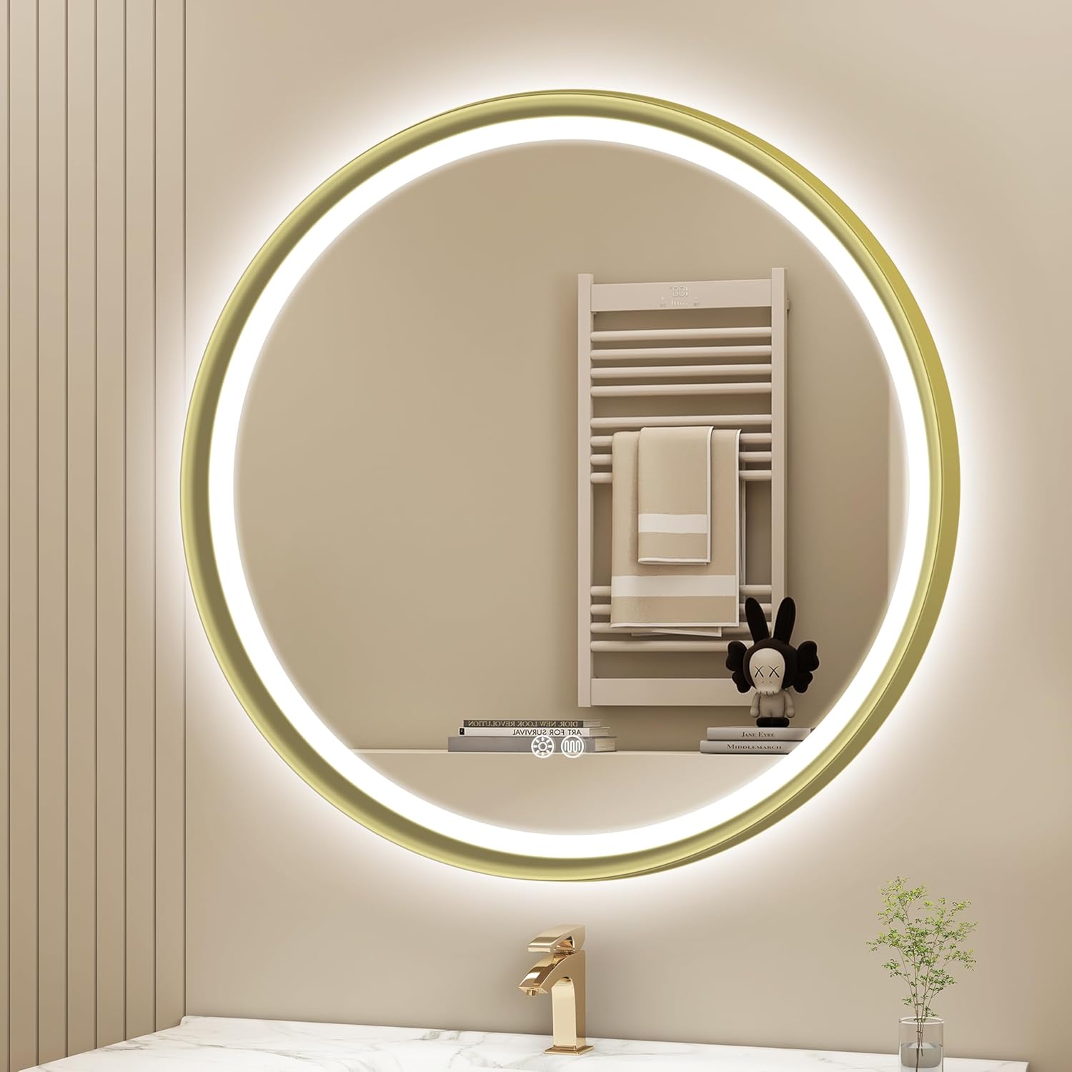 S'bagno Miroir Salle de Bain avec Eclairage 60 cm, Miroir Rond Salle de Bain avec Cadre Aluminium, Anti-Buée, 3000-6500K, Verre Trempé HD, IP44 Miroir Lumineux Salle de Bain Fonction Mémoire, Doré