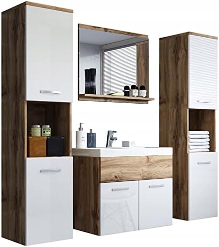 PIASKI Ensemble de meubles de salle de bain Montréal XL, ensemble de meubles de salle de bain, lavabo inclus, différentes couleurs (Blanc brillant/Wotan)