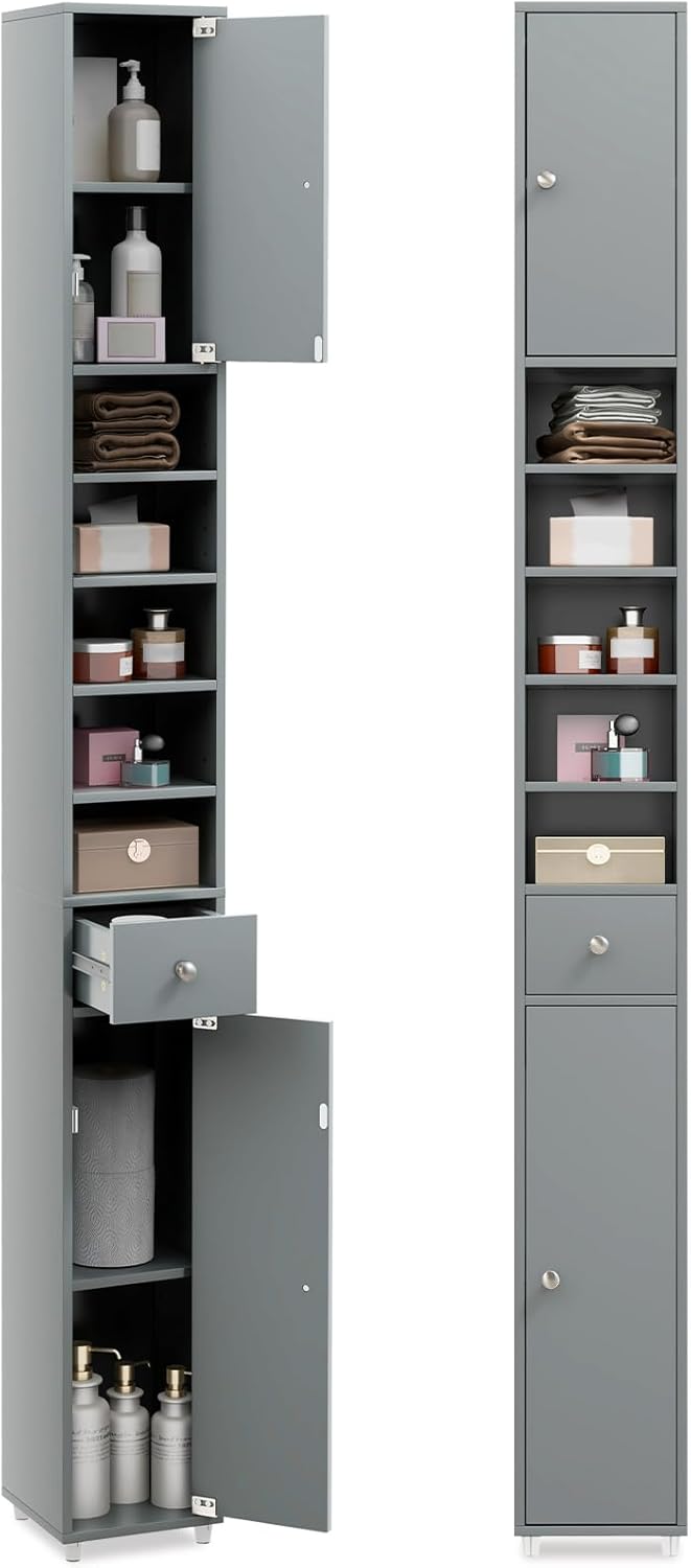 Meuble de Rangement Salle de Bain, Meuble Colonne avec 2 Placards à Porte, 1 Tiroir et 6 Étagères Réglables, Armoire de Toilette, 20 x 20 x 180 cm, Gris