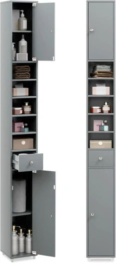Meuble de Rangement Salle de Bain, Meuble Colonne avec 2 Placards à Porte, 1 Tiroir et 6 Étagères Réglables, Armoire de Toilette, 20 x 20 x 180 cm, Gris