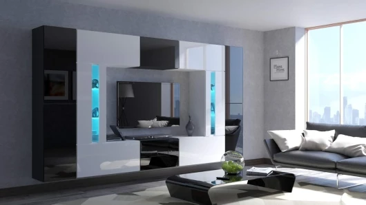 Furnitech Ensemble Meuble TV Mural Suspendu Salon – Meuble Salon Design Moderne avec colonnes- vitrines et rangements – Mobilier avec éclairage LED RVB - 16 Couleurs – (Julian AN67-19BW-HG1)