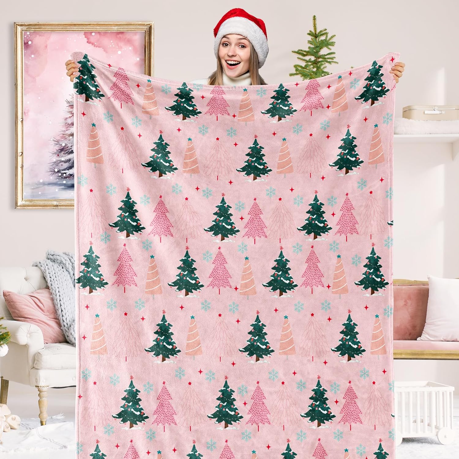 JarThenaAMCS Couverture pelucheuse de Noël - 152,4 x 127 cm - Motif sapin de Noël rose et vert - Couverture douce pour l'hiver, la maison, le canapé, le lit
