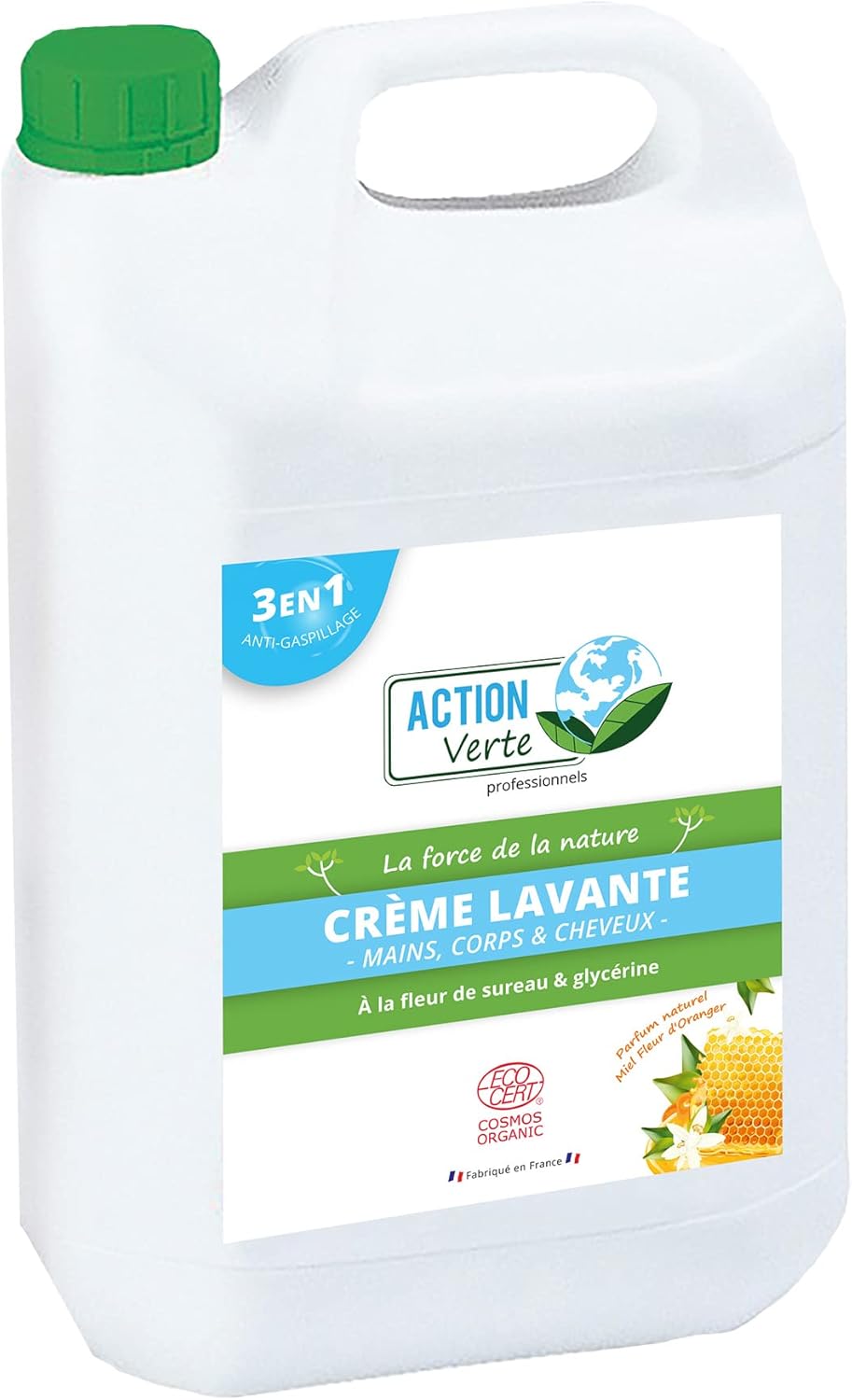 ACTION VERTE - Crème lavante - Nettoie les mains, corps & cheveux - Certification Ecocert - Formule naturelle - Parfum fleur d'oranger et miel- 5L - Fabrication française