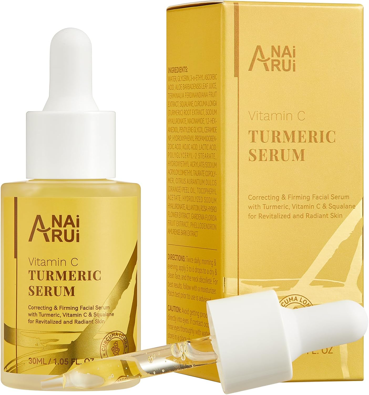ANAiRUi Sérum Visage Vitamine C au Curcuma, Sérum Eclat Correcteur de Taches Sombres pour la Réparation Jour et Nuit, Sérum Visage avec Niacinamide & Céramides Anti-Âge, Réduisant les Rides 1.05 OZ