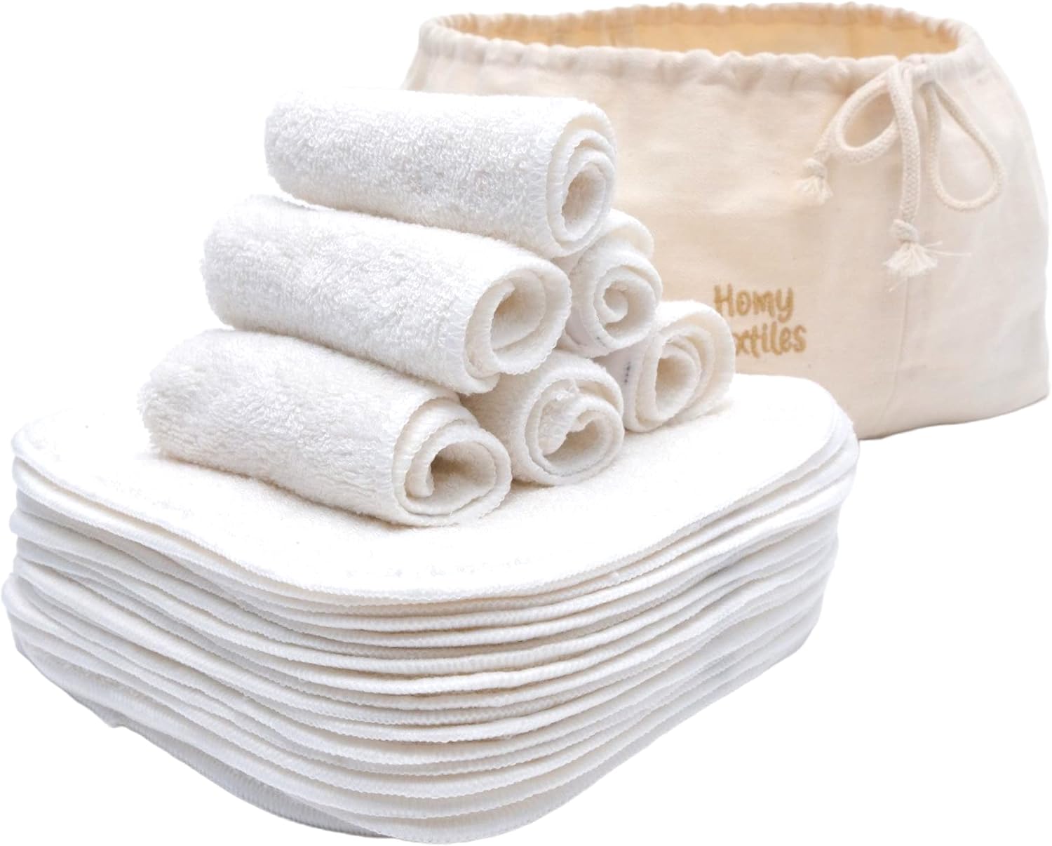 Homy Textiles Lot de 25 débarbouillettes réutilisables en Bambou et lingettes pour bébé - 20 cm x 20 cm Débarbouillette en Flanelle Douce avec Un Sac décoratif élégant 100% Coton