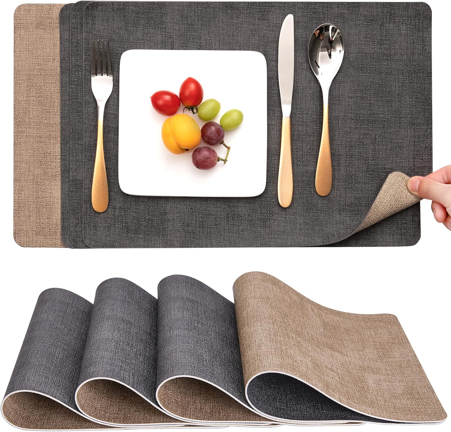 Set de Table et Dessous de Verre Myir JUN, Sets de Table Lavable Double Face Bicolore en Cuir, Set Table Antidérapants Faciles à Nettoyer, Set de Table Lot de 4 Lot de 4 Gris/Brun