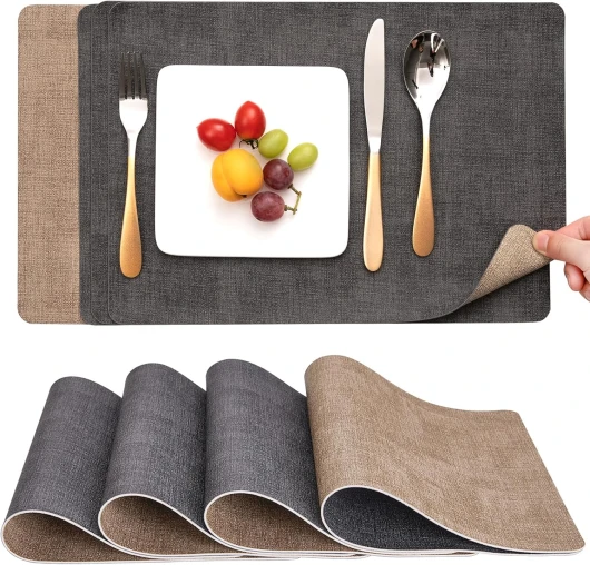Set de Table et Dessous de Verre Myir JUN, Sets de Table Lavable Double Face Bicolore en Cuir, Set Table Antidérapants Faciles à Nettoyer, Set de Table Lot de 4 Lot de 4 Gris/Brun