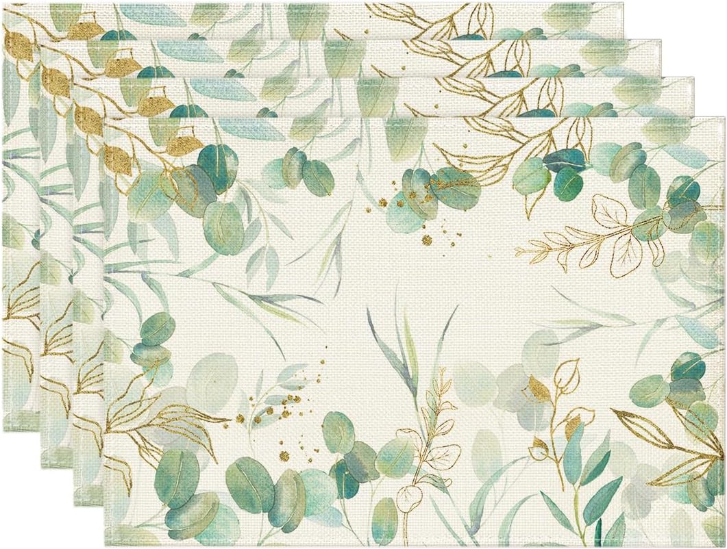Lot de 4 sets de table d'été eucalyptus vert, printemps, saisonnier, cuisine, décoration intérieure, vacances, décoration de fête, 30 x 45 cm 30 x 45 cm Beige