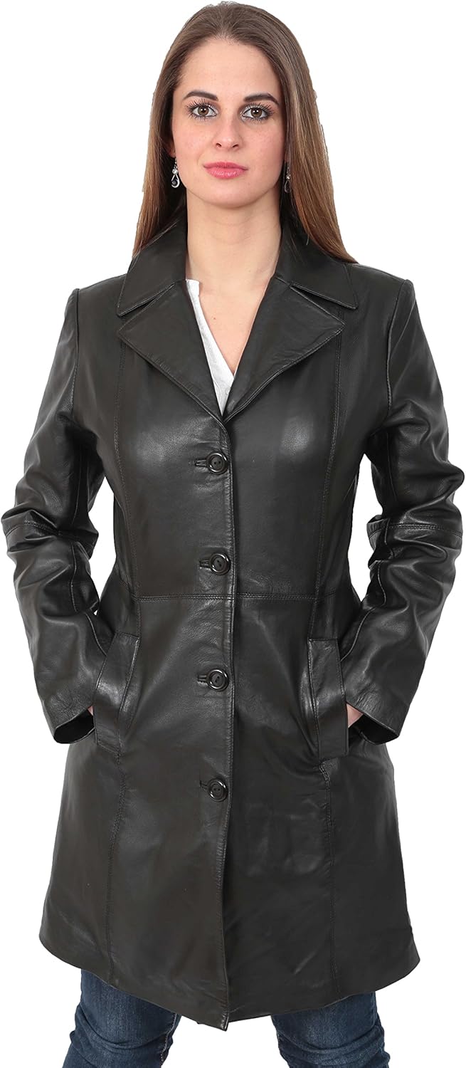 Dames Veste en Cuir Véritable 3/4 De Longueur Veste en Cuir Classique pour Femme Cynthia Bronzer 40 Noir