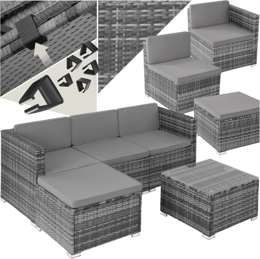 ® Ensemble Salon de Jardin Exterieur en Poly Rotin Modulable Canapé 4 Places 3 Fauteuil Salon 1 Tabouret Pouf et 1 Table de Jardin, Mobilier de Jardin pour Amenagement Balcon Terrasse 179 x 130 x 65 cm Gris