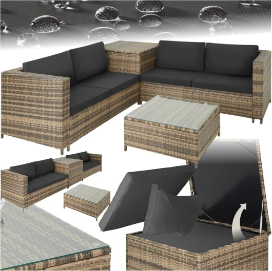 ® Ensemble Salon de Jardin Exterieur en Poly Rotin 4 Personnes, 2 Canapés modulables, Coffre de Rangement et Table de Jardin en Verre Inclus, Mobilier de Jardin pour Amenagement Balcon Marron Naturel/ Gris Foncé