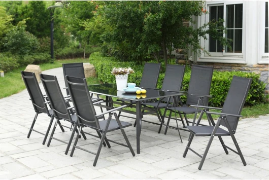 CONCEPT USINE - Salon de Jardin Aluminium - Ensemble Mobilier d'Extérieur : Table Rectangulaire Plateau en Verre + 8 Chaises Pliables et Inclinables - Gris - Design Rimini - Robuste Résiste à l'eau 8 Places