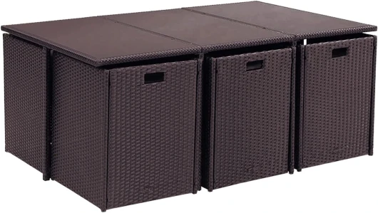 CONCEPT USINE - Salon De Jardin Florida 10 Personnes en Résine Tressée Marron - 1 Table en Verre - 6 Fauteuils - 4 Poufs - Coussins Blanc - Encastrable, Résistant, Imperméable 10 personnes Marron/Blanc
