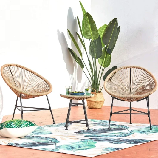 CONCEPT USINE - Salon de Jardin - Ensemble Bistrot 3 pièces Rotin Naturel : 2 Fauteuils Oeuf + Table Ronde Design Acapulco Beige - Cordes Polyéthylène Résistant - Intérieur Extérieur - Résiste à l'eau
