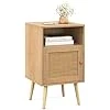 Table de Chevet avec Porte Cannage et Pieds en Bois Massif, Table de Nuit Bohême, Fermeture Silencieuse, Table d'Appoint ave pour Salon, Chambre, 40 x 39 x 70 cm (1) Naturel 1 pièce