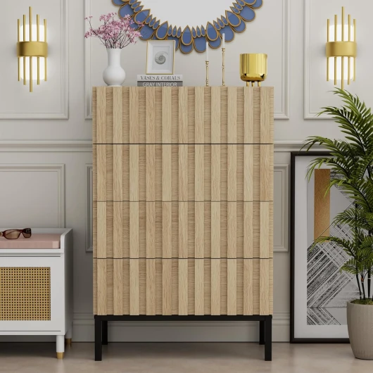 Commode à 4 tiroirs, Commode Étroite avec Grand Espace de Rangement, Armoire avec Plafond Spacieux pour Salon, Chambre à Coucher, Pieds Métal, Motif de Ligne, 60 x 34,5 x 92 cm, Naturel 34.5P x 60l x 92H cm (4 Tiroirs)