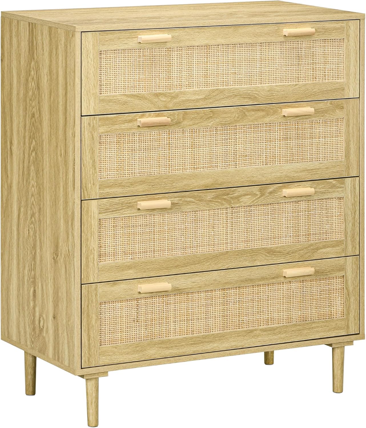 Commode Chambre 4 tiroirs, Meuble de Rangement Style bohème avec façade Tissage en résine tressée, 90 x 45 x 108,5 cm, chêne