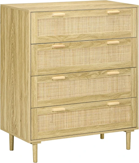 Commode Chambre 4 tiroirs, Meuble de Rangement Style bohème avec façade Tissage en résine tressée, 90 x 45 x 108,5 cm, chêne